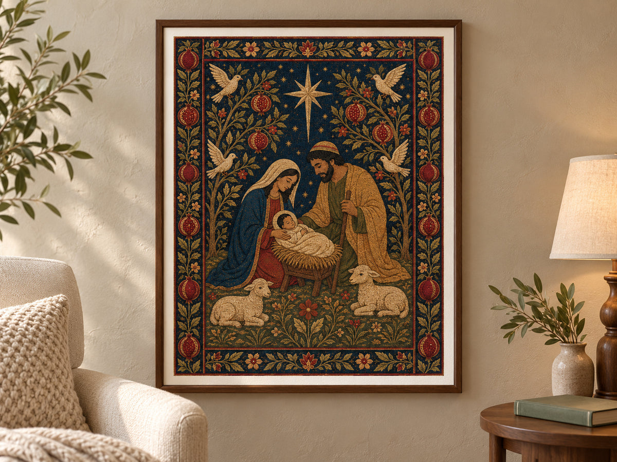 Nativity Tapestry in a walnut frame beside a cream reading chair