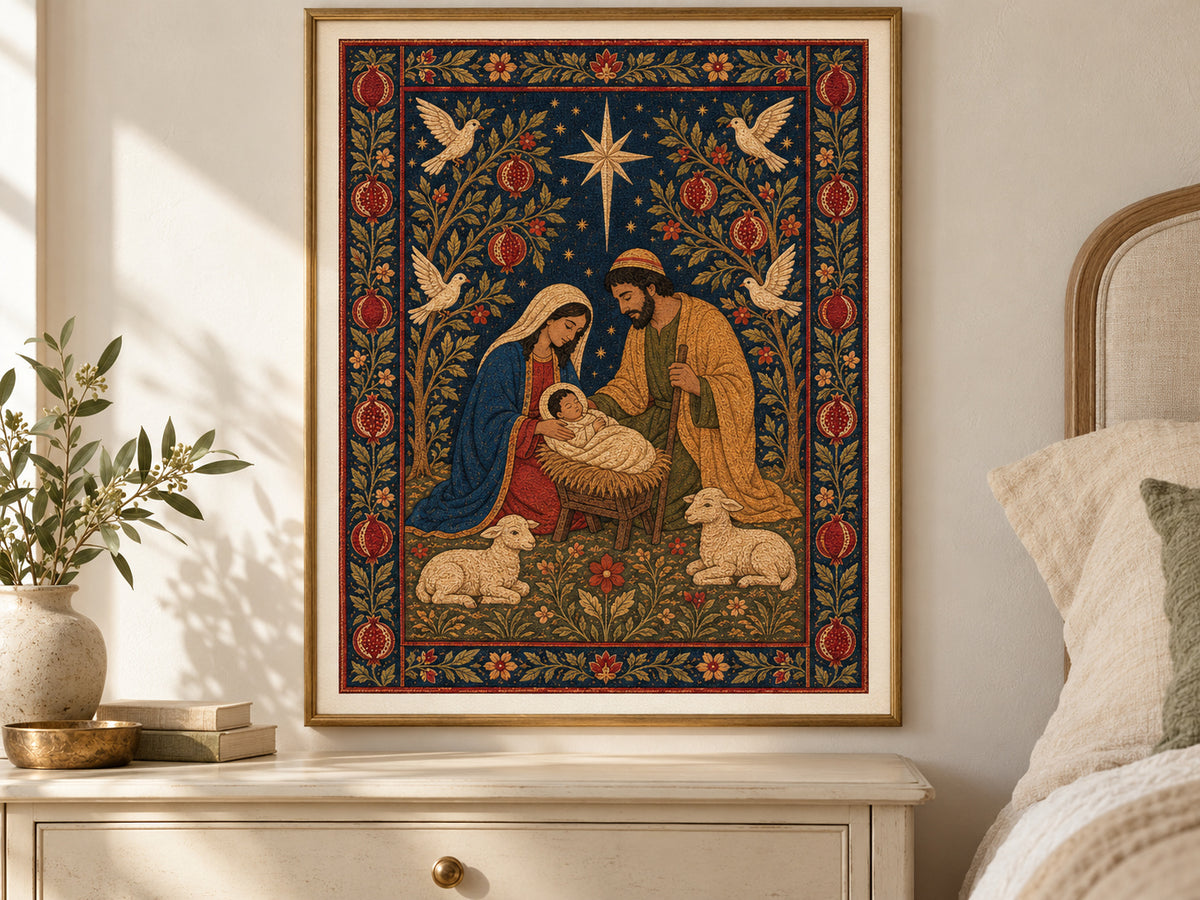 Nativity Tapestry in a slim gold frame in a quiet neutral bedroom