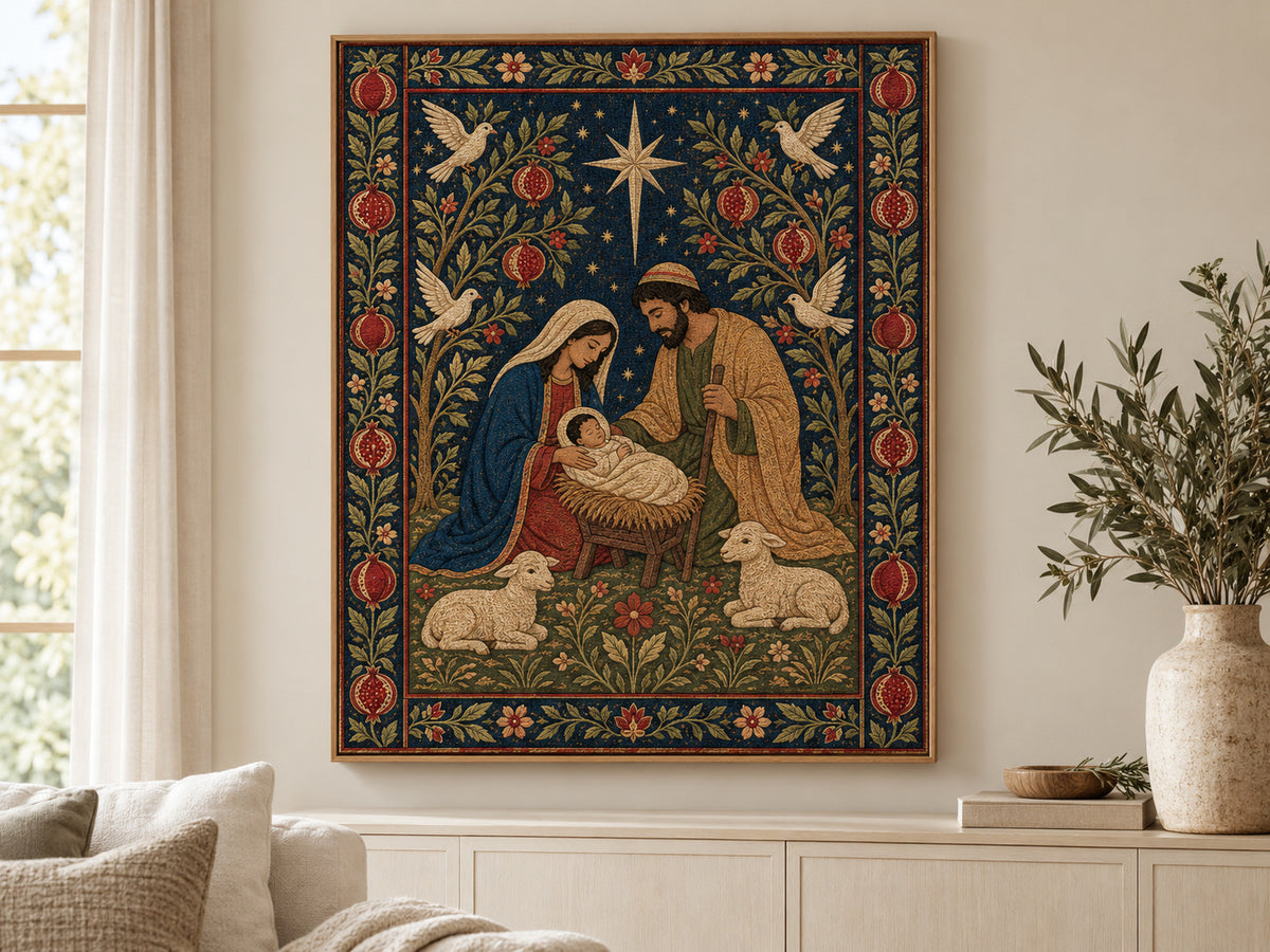 Nativity Tapestry on canvas in an oak floating frame in a neutral family room