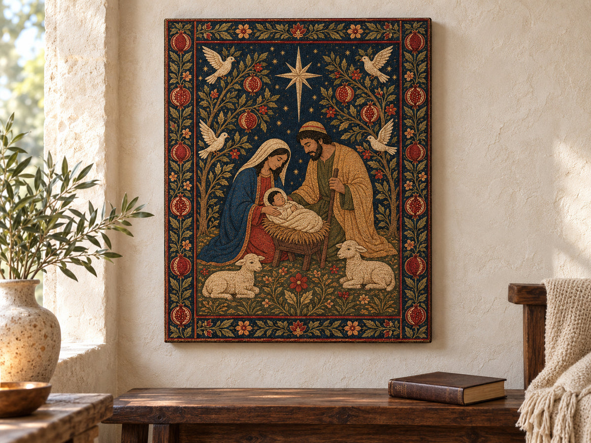Nativity Tapestry as an unframed canvas above a walnut bench in a reading corner