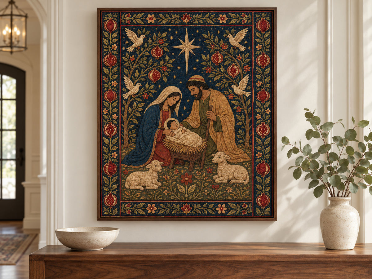Nativity Tapestry on canvas in a walnut floating frame above an entry console