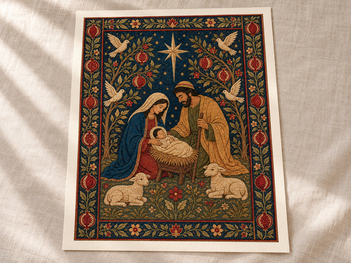 Nativity Tapestry as a loose warm-white paper print with an even half-inch margin