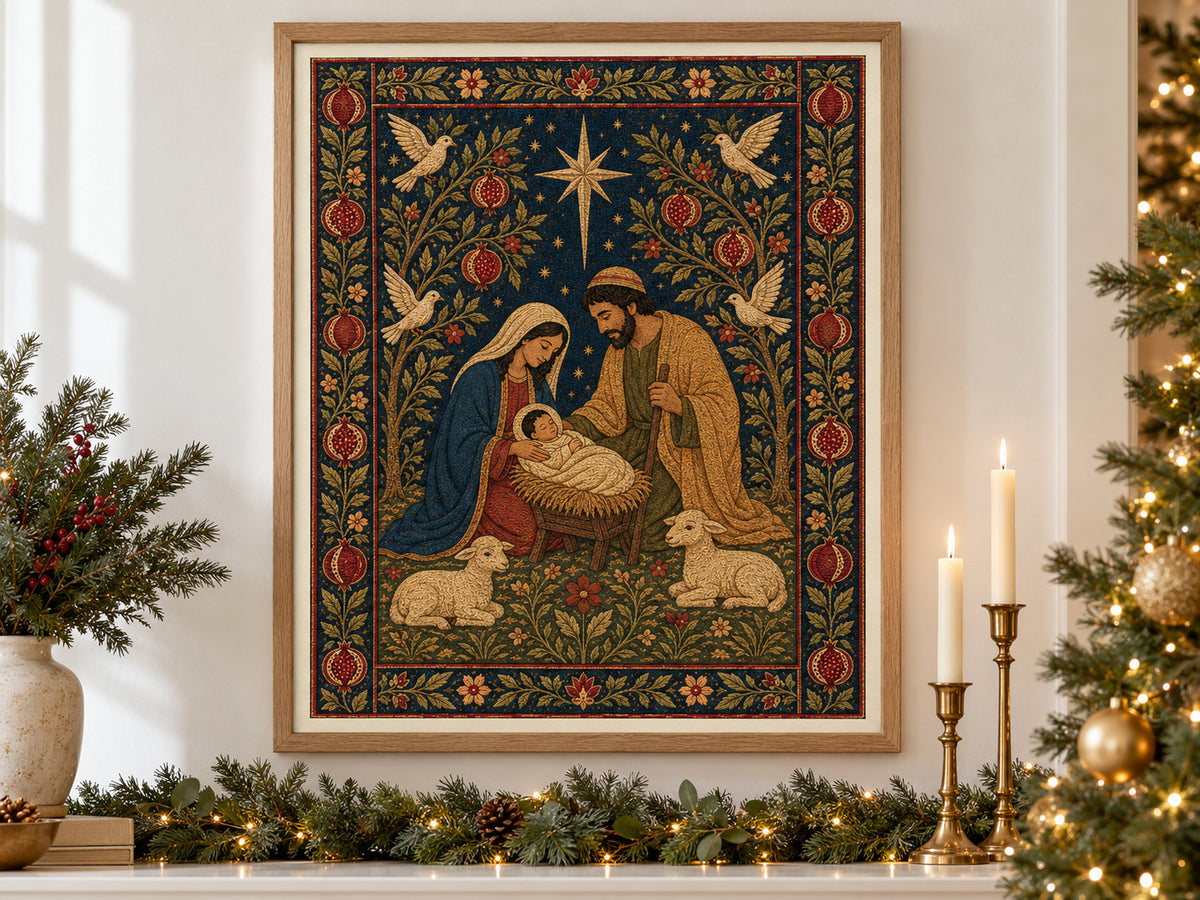 Nativity Tapestry in an oak frame above a console styled with evergreen and brass for Christmas