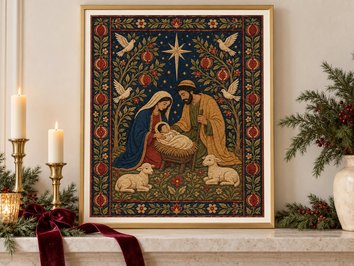 Nativity Tapestry in a gold frame on a Christmas mantel with greenery and velvet ribbon