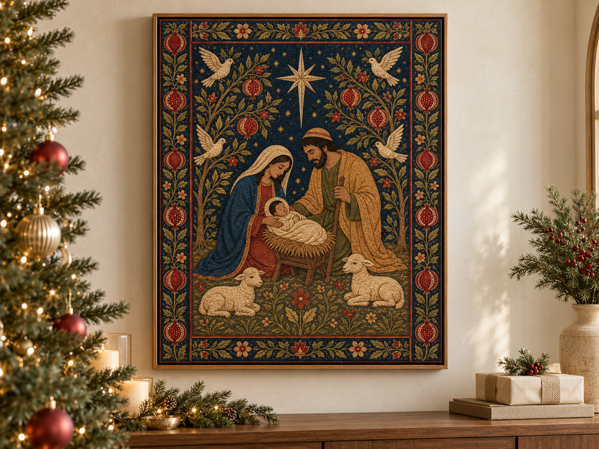 Nativity Tapestry on canvas beside a softly lit Christmas tree in a family room