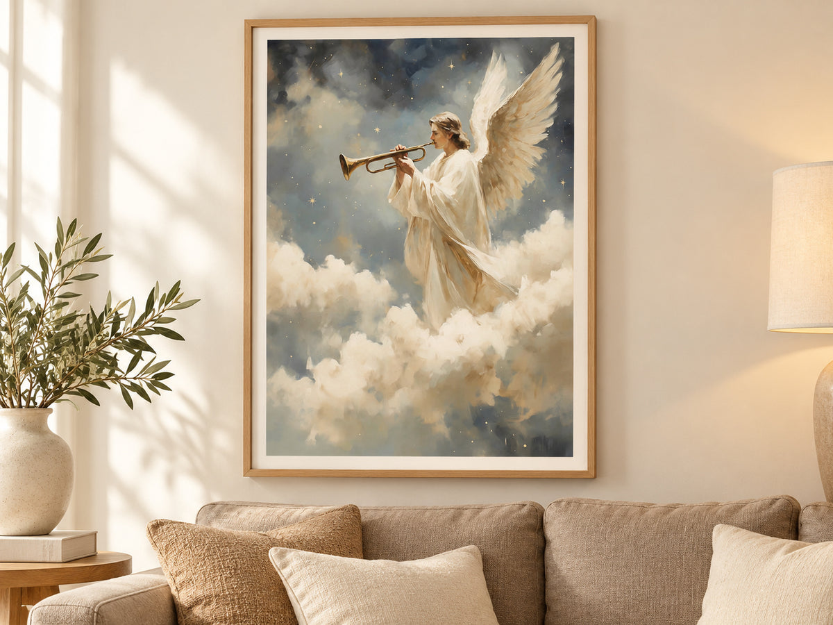 A Trumpet of Joy paper print in an oak frame in a warm neutral living room.
