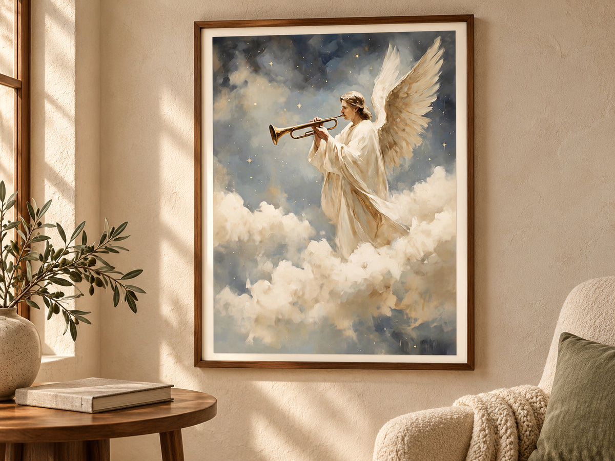 A Trumpet of Joy paper print in a walnut frame in a quiet reading corner.