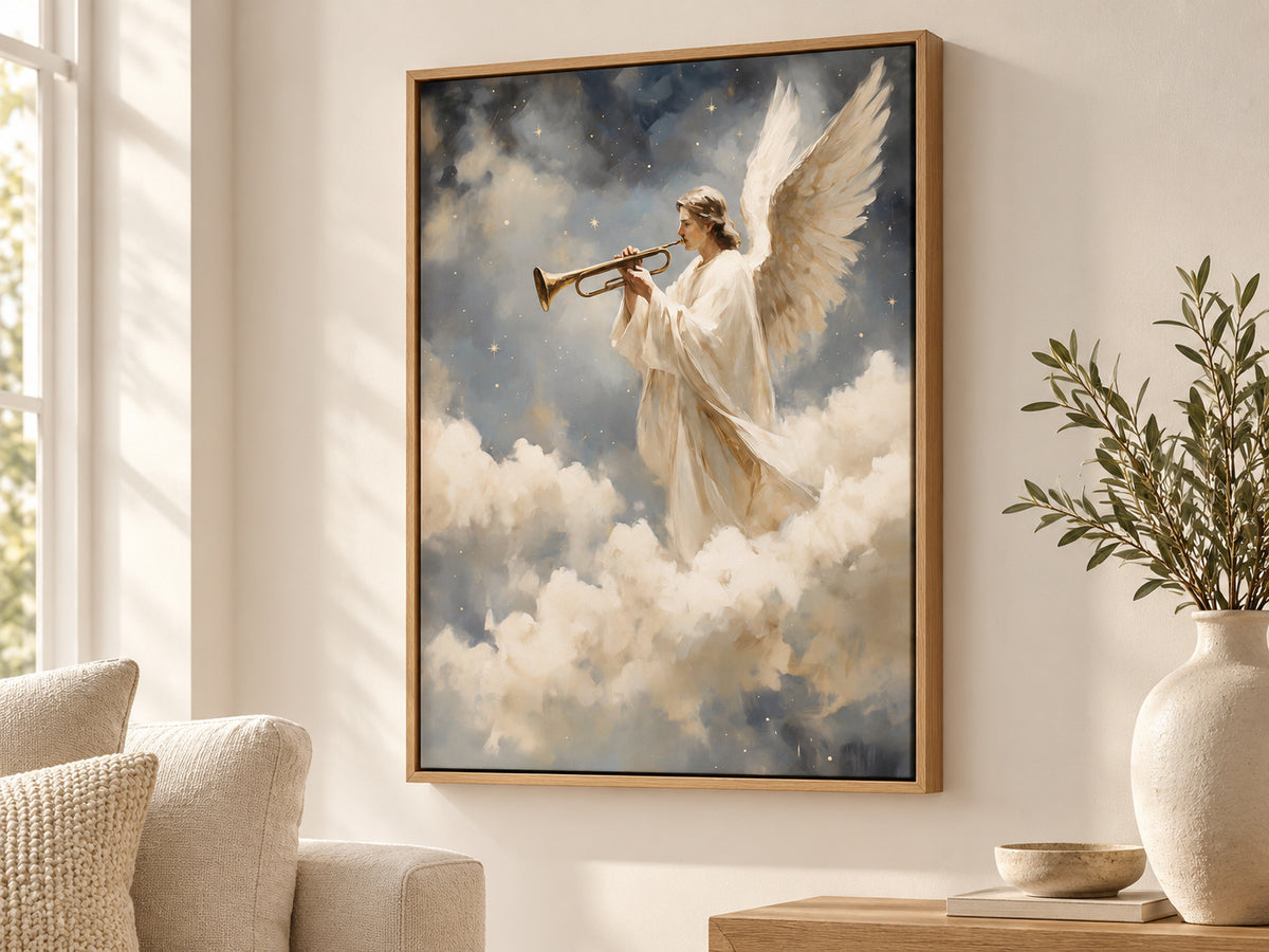 A Trumpet of Joy canvas artwork in an oak float frame in a neutral living room.