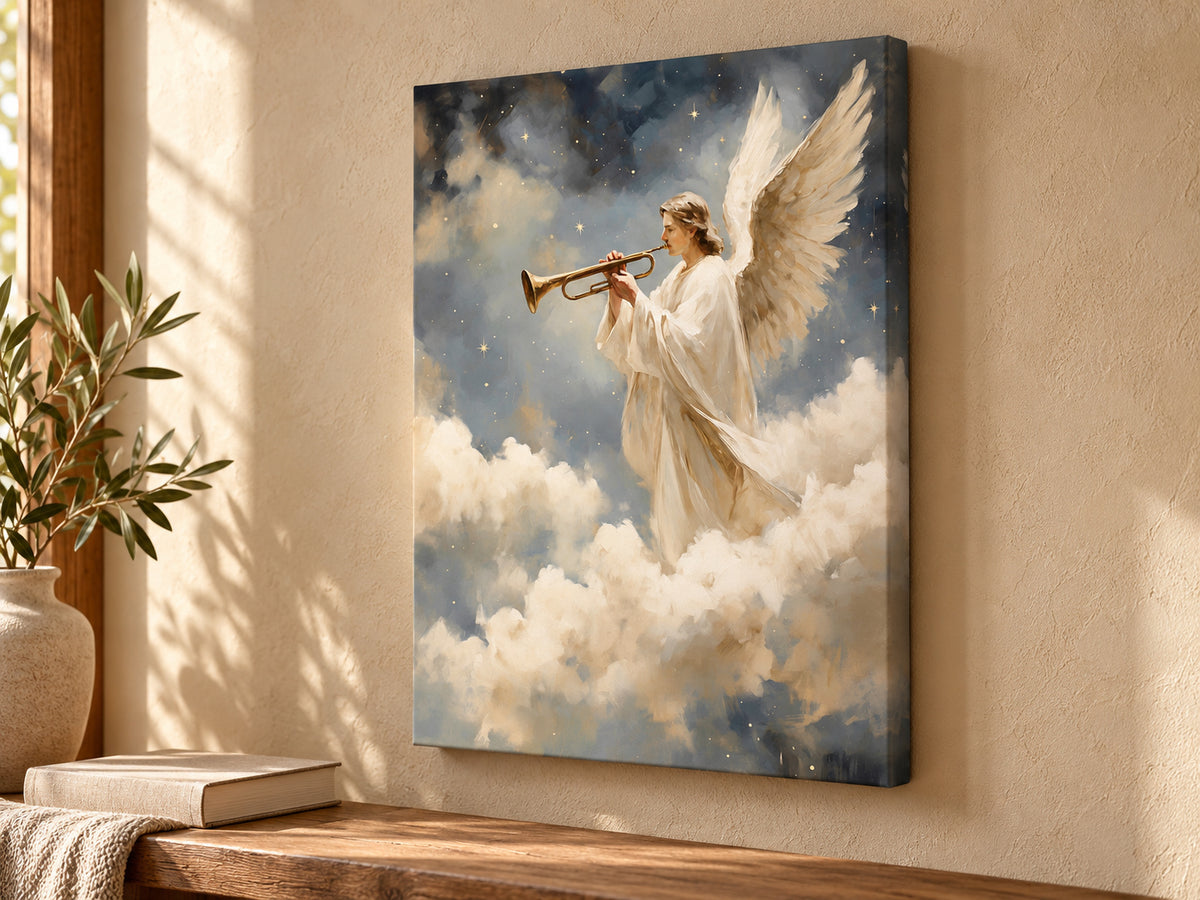 A Trumpet of Joy unframed canvas artwork in a quiet prayer corner.