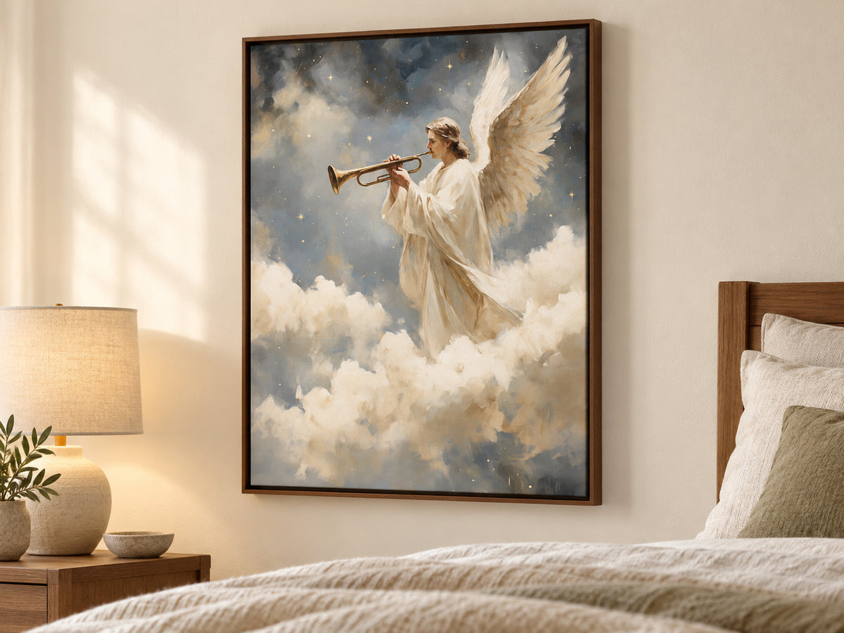 A Trumpet of Joy canvas artwork in a walnut float frame in a peaceful bedroom.