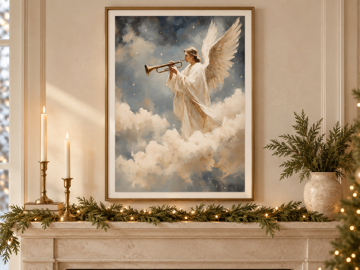 A Trumpet of Joy paper print in a brass frame above a mantel with Christmas greenery.
