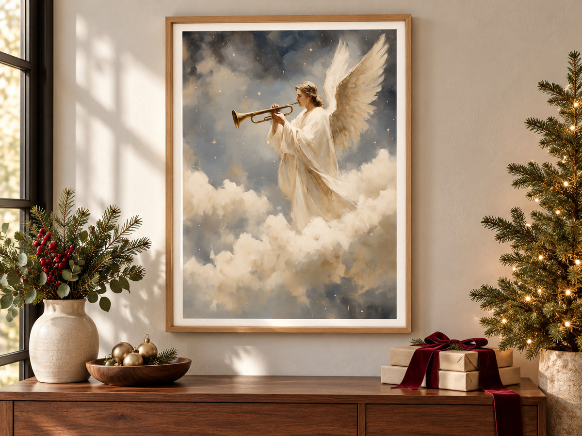 A Trumpet of Joy paper print in an oak frame beside a softly lit Christmas tree.
