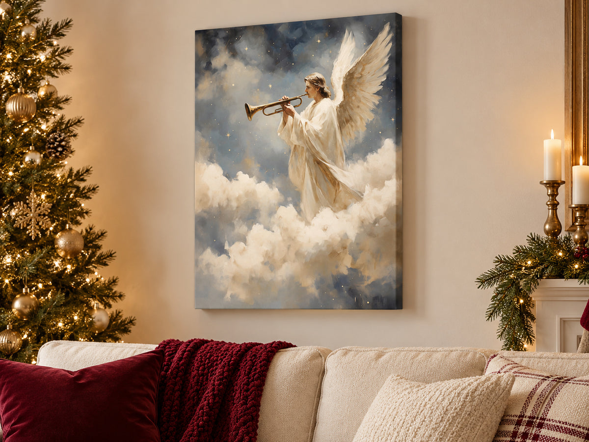 A Trumpet of Joy unframed canvas artwork above a sofa beside a Christmas tree.