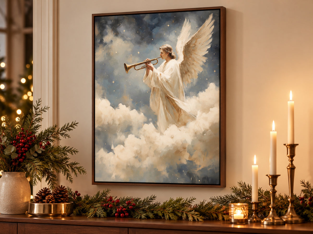 A Trumpet of Joy canvas artwork in a walnut float frame with Christmas dining-room decor.