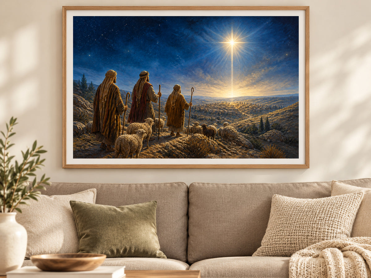 Follow the Light #2 paper print in an oak frame in a warm neutral living room.