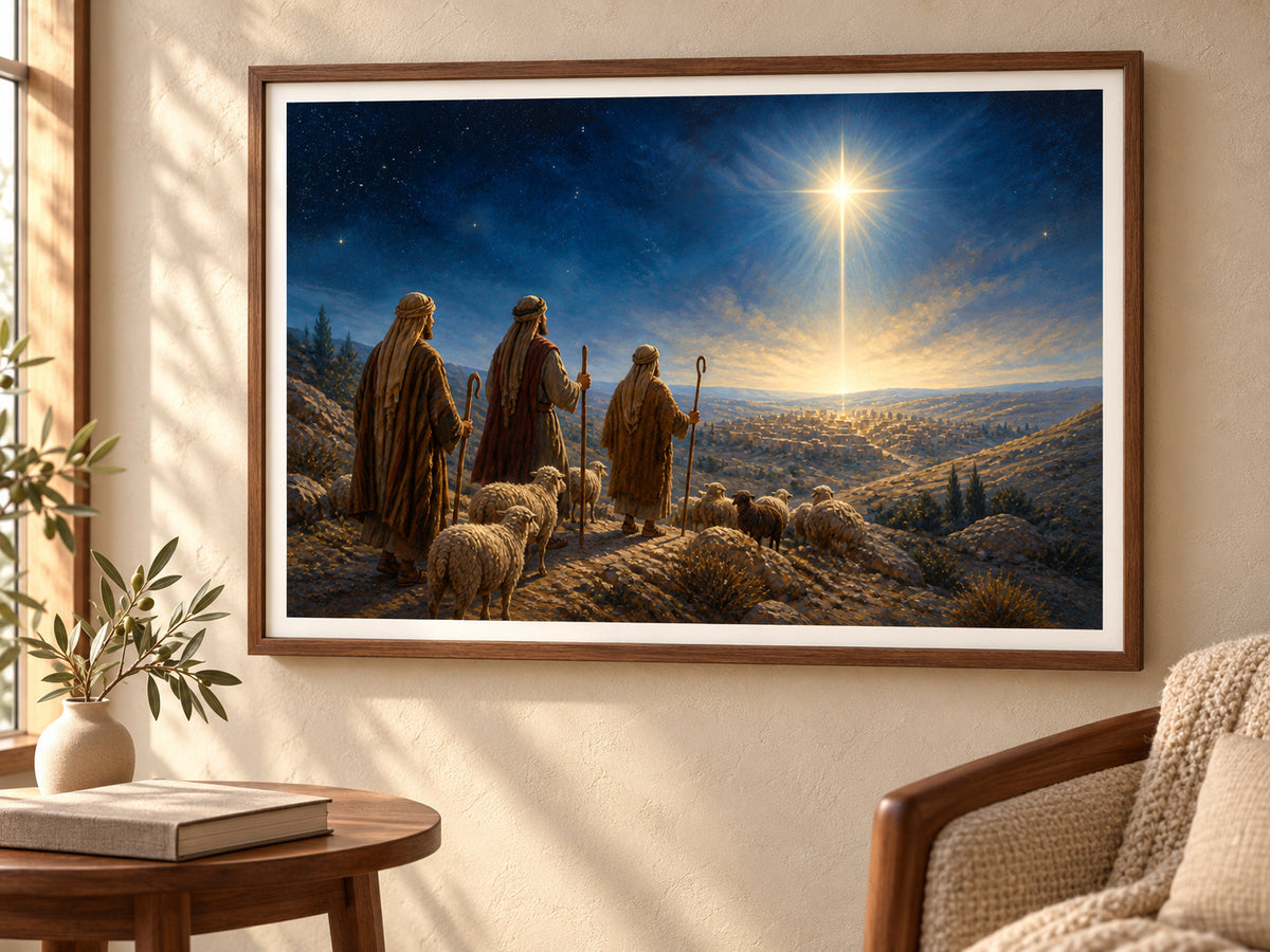 Follow the Light #2 paper print in a walnut frame in a quiet reading corner.