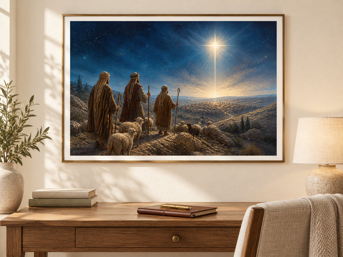 Follow the Light #2 paper print in a slim brass frame above a writing desk.