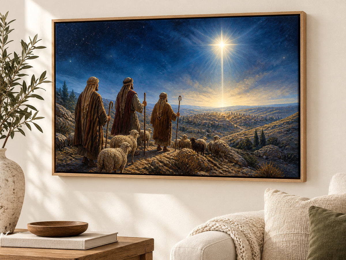 Follow the Light #2 canvas artwork in an oak float frame in a neutral living room.