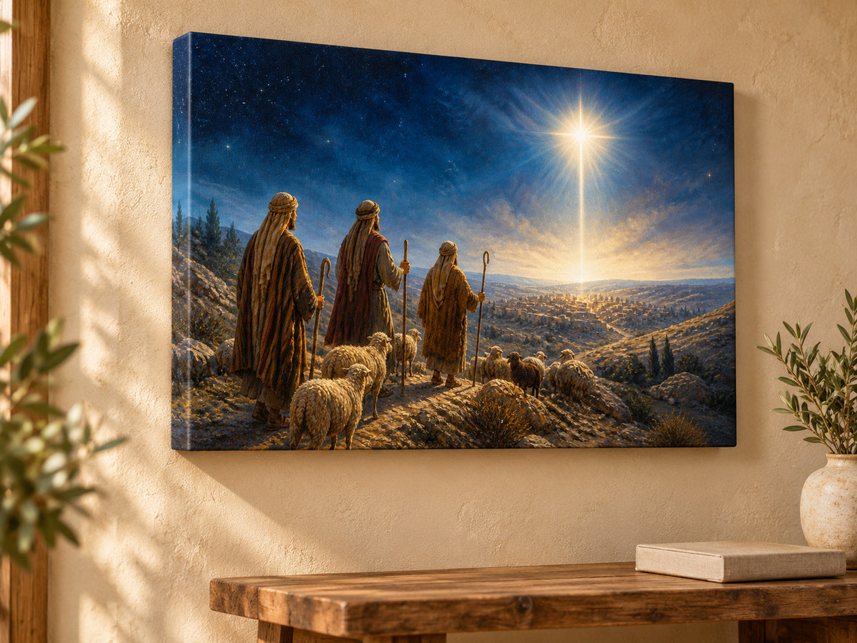 Follow the Light #2 unframed canvas artwork in a quiet prayer corner.