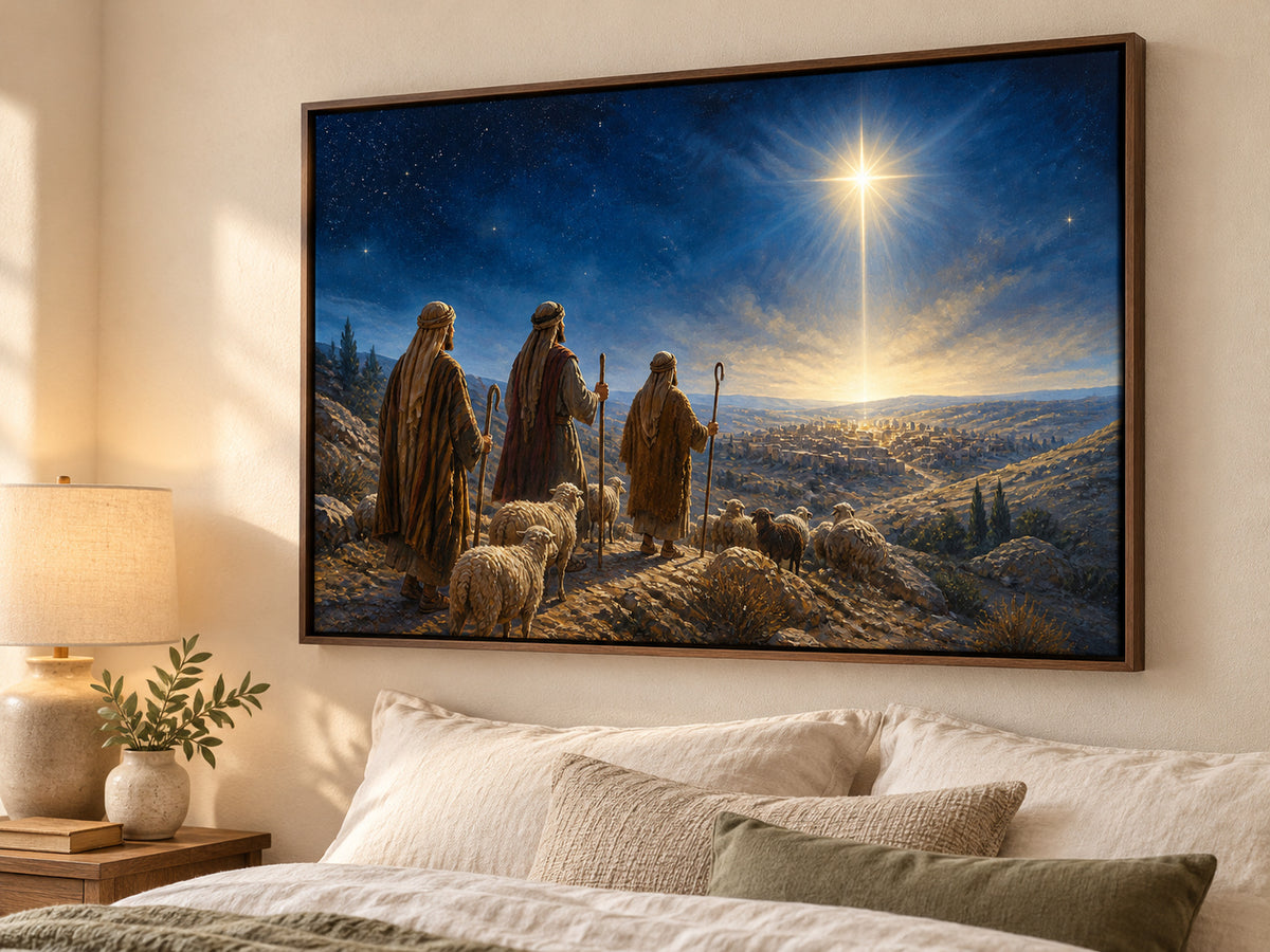 Follow the Light #2 canvas artwork in a walnut float frame in a peaceful bedroom.