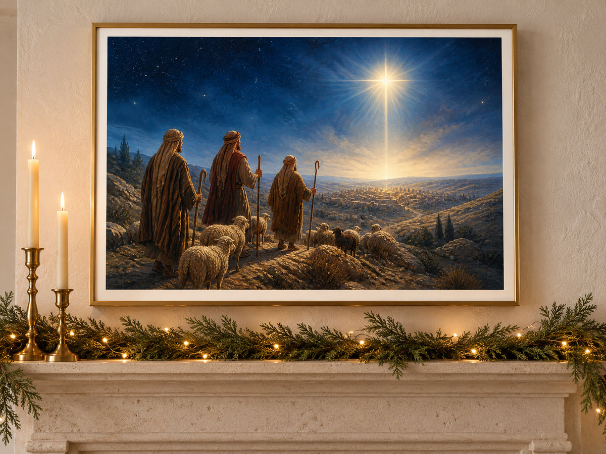 Follow the Light #2 paper print in a brass frame above a mantel with Christmas greenery.