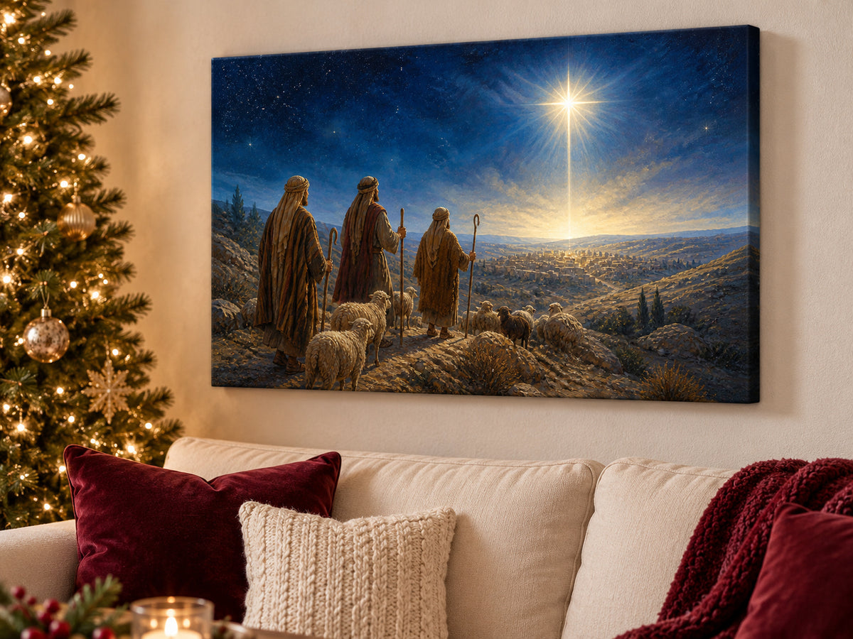 Follow the Light #2 unframed canvas artwork above a sofa beside a Christmas tree.