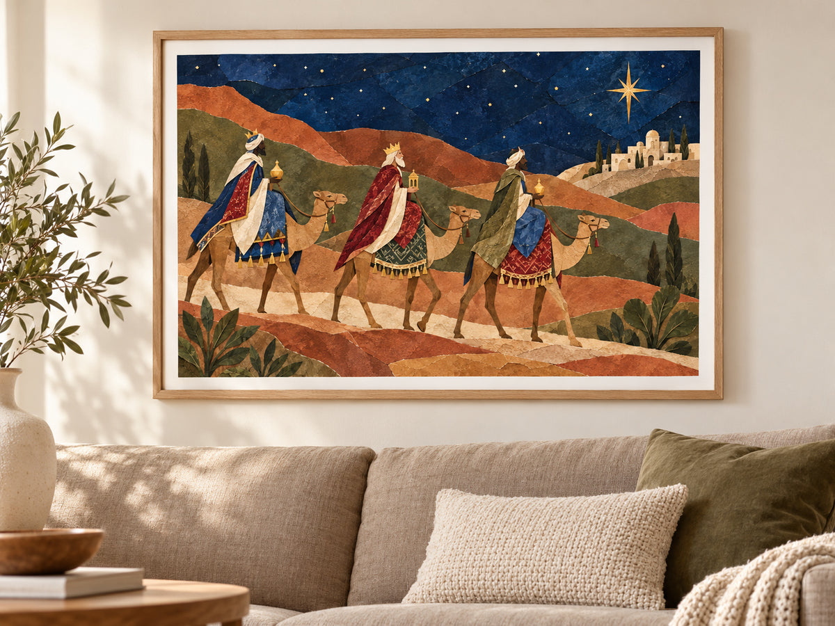 The Magi Followed the Star paper print in an oak frame in a warm neutral living room.
