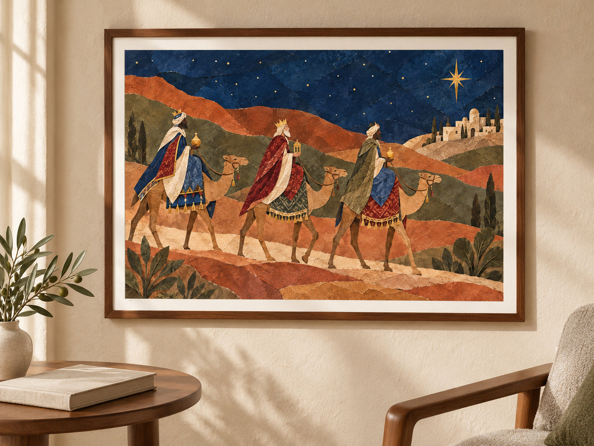 The Magi Followed the Star paper print in a walnut frame in a quiet reading corner.