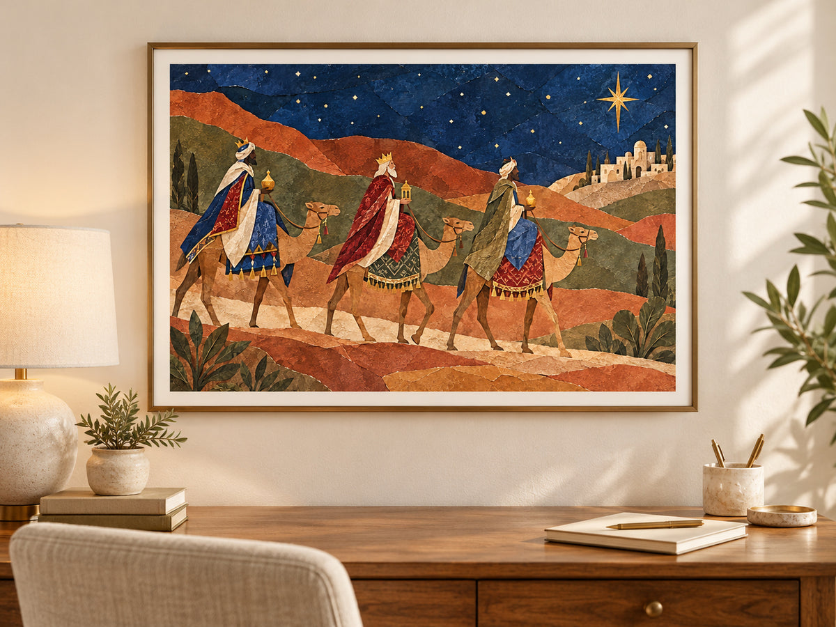 The Magi Followed the Star paper print in a slim brass frame above a writing desk.