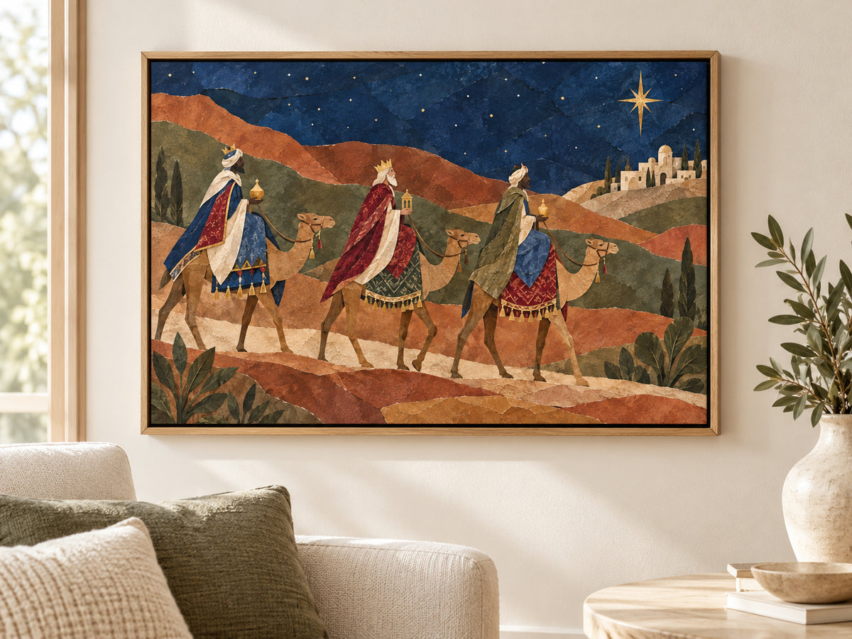 The Magi Followed the Star canvas artwork in an oak float frame in a neutral living room.