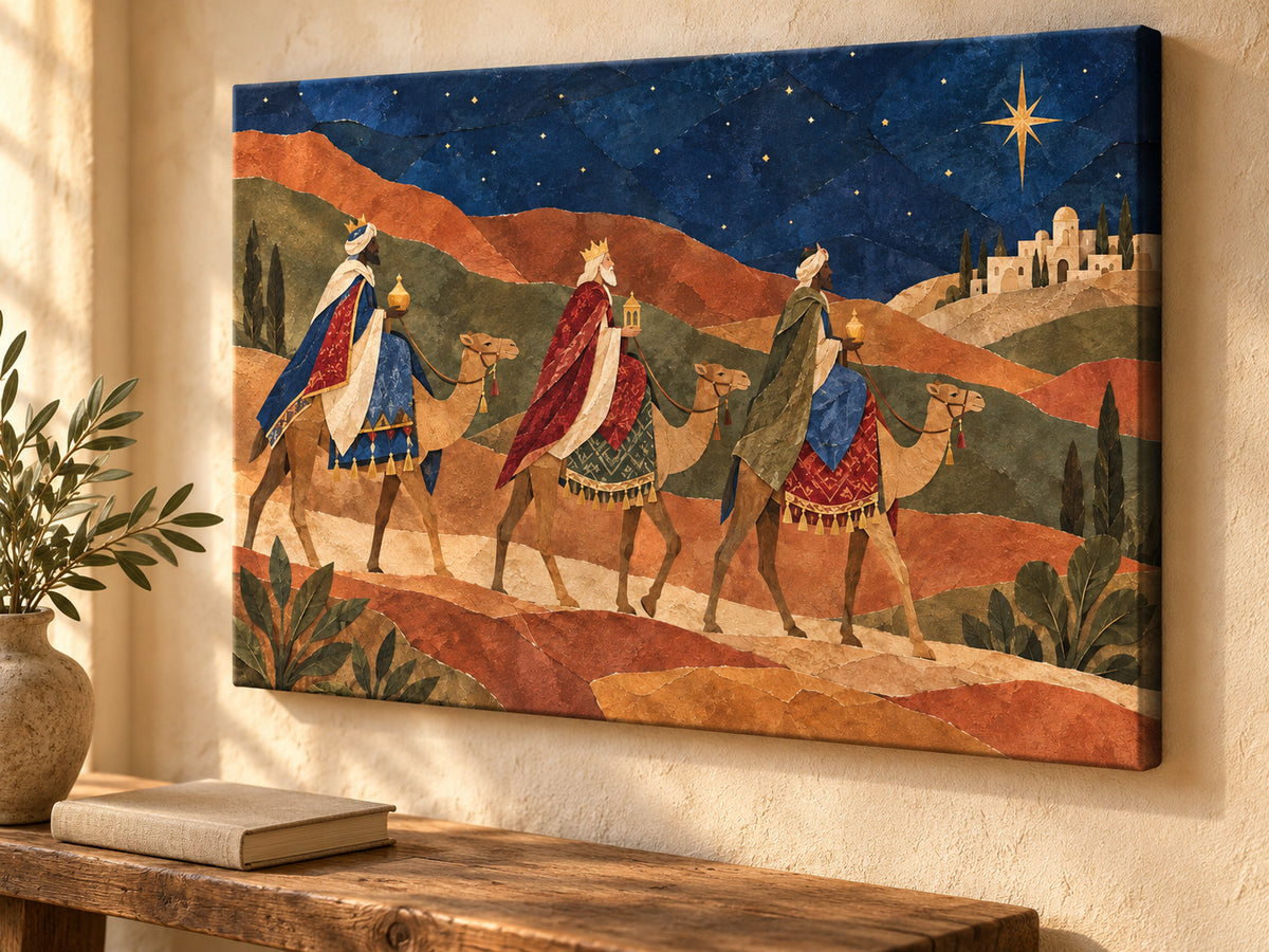 The Magi Followed the Star unframed canvas artwork in a quiet prayer corner.