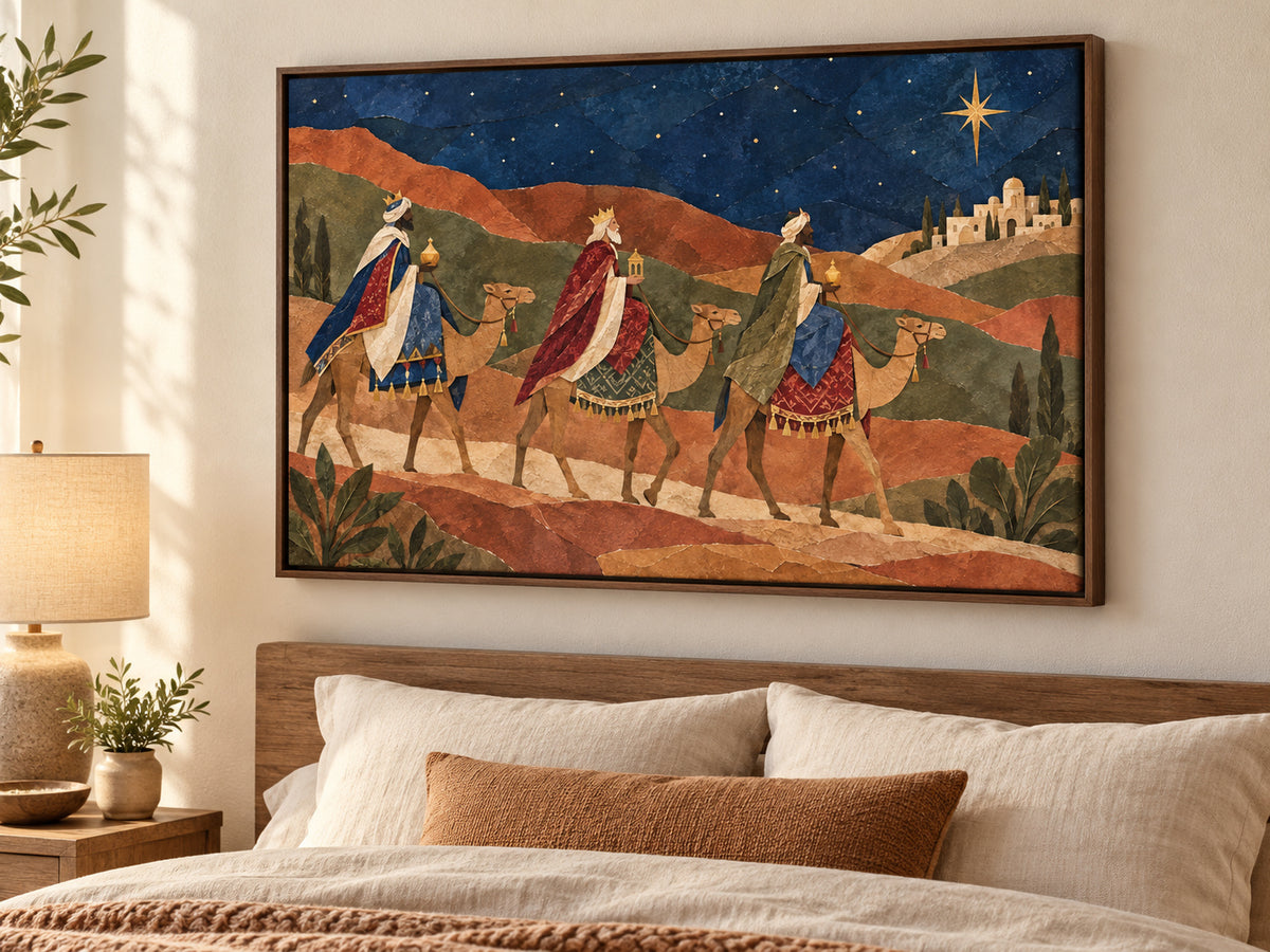 The Magi Followed the Star canvas artwork in a walnut float frame in a peaceful bedroom.