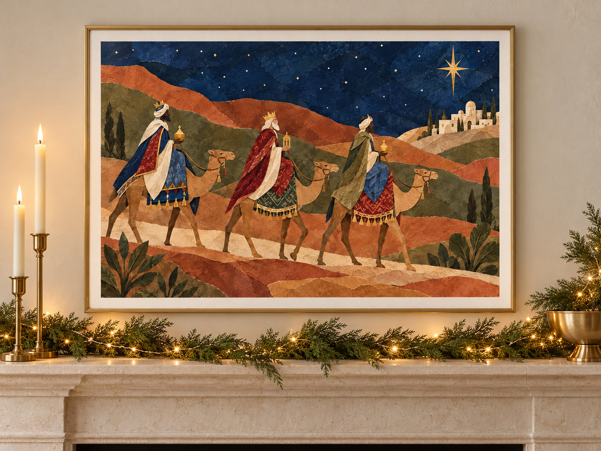 The Magi Followed the Star paper print in a brass frame above a mantel with Christmas greenery.