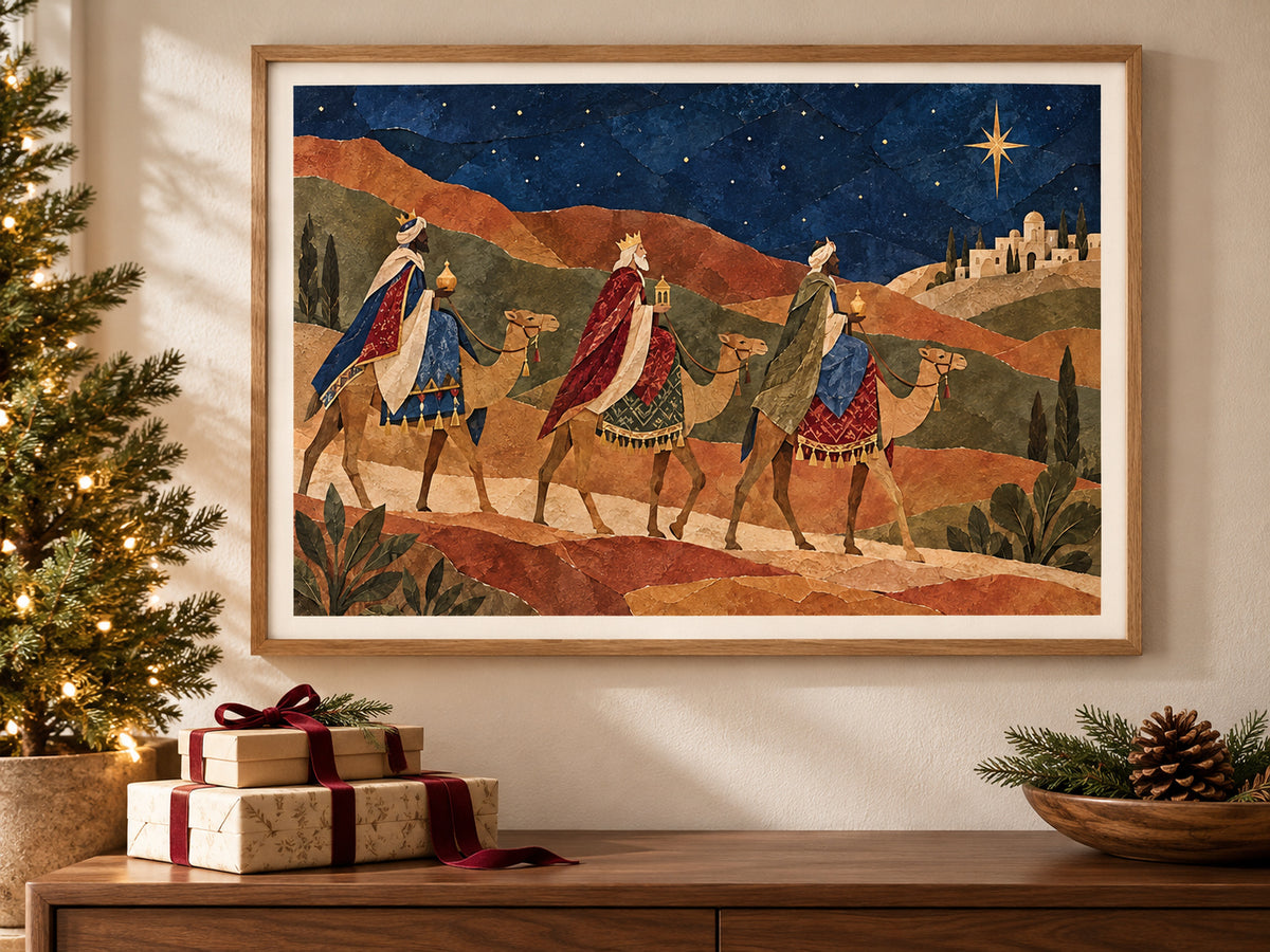 The Magi Followed the Star paper print in an oak frame beside a softly lit Christmas tree.
