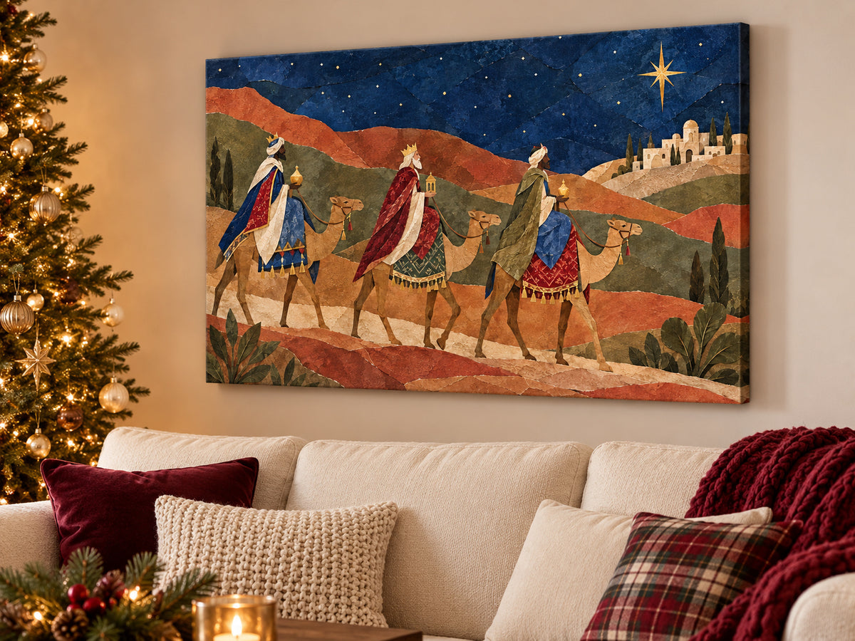 The Magi Followed the Star unframed canvas artwork above a sofa beside a Christmas tree.