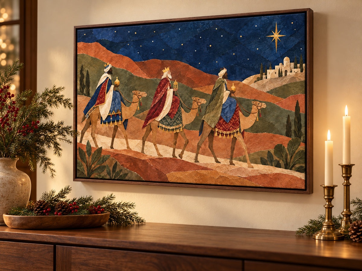 The Magi Followed the Star canvas artwork in a walnut float frame with Christmas dining-room decor.