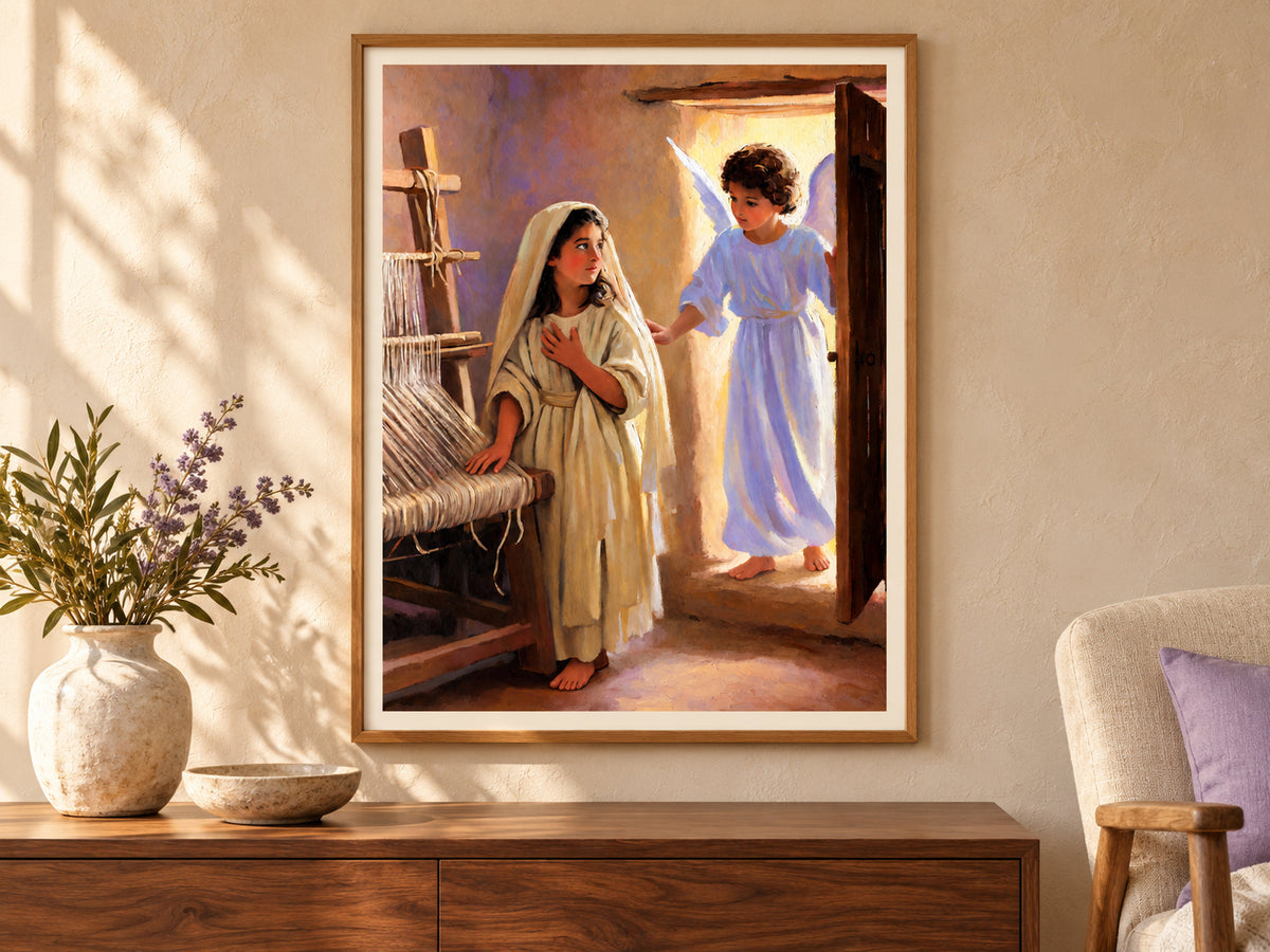 The Annunciation paper print in a slim oak frame above a walnut console.
