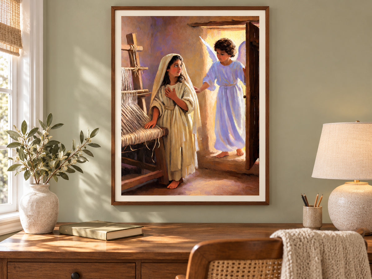 The Annunciation paper artwork shown in a paper walnut reading corner setting.