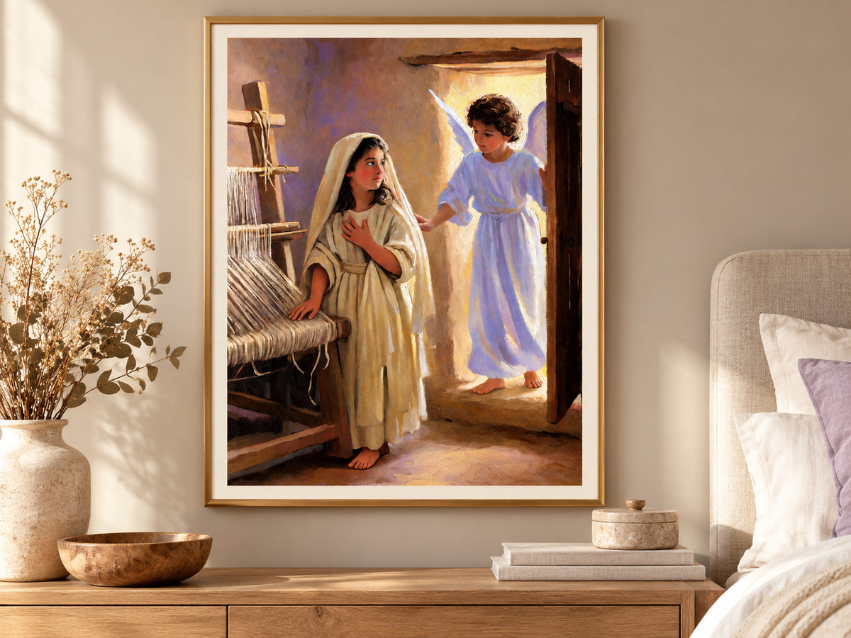 The Annunciation paper artwork shown in a paper gold bedroom setting.