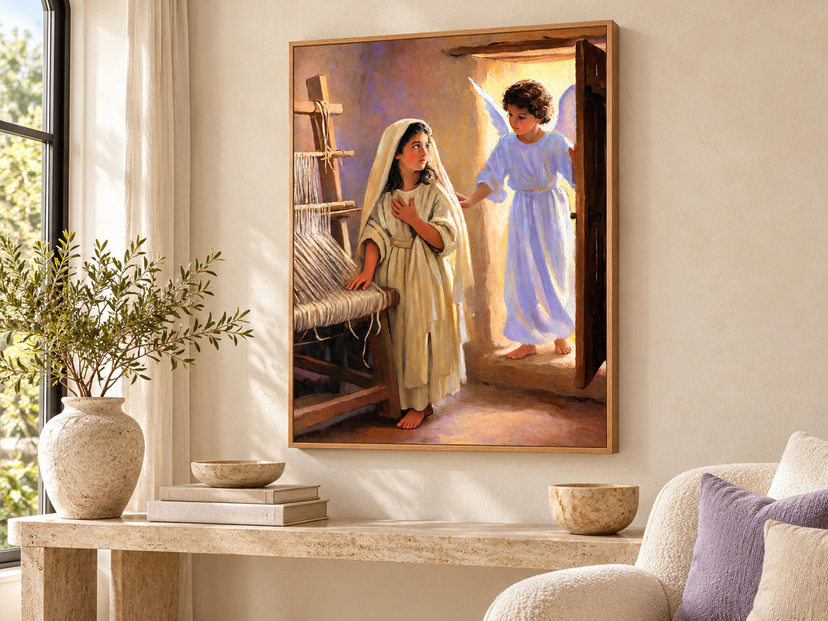 The Annunciation canvas artwork shown in a canvas oak floating frame setting.