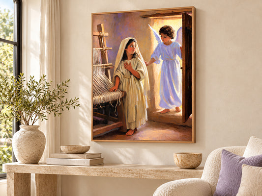 The Annunciation canvas artwork shown in a canvas oak floating frame setting.