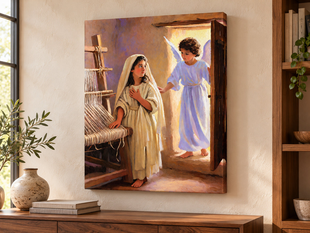 The Annunciation canvas artwork shown in a canvas unframed home study setting.