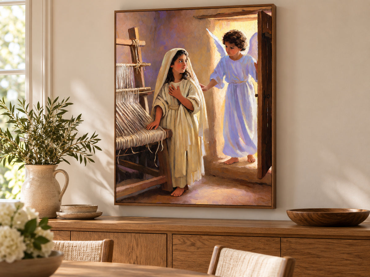 The Annunciation canvas artwork shown in a canvas walnut dining room setting.