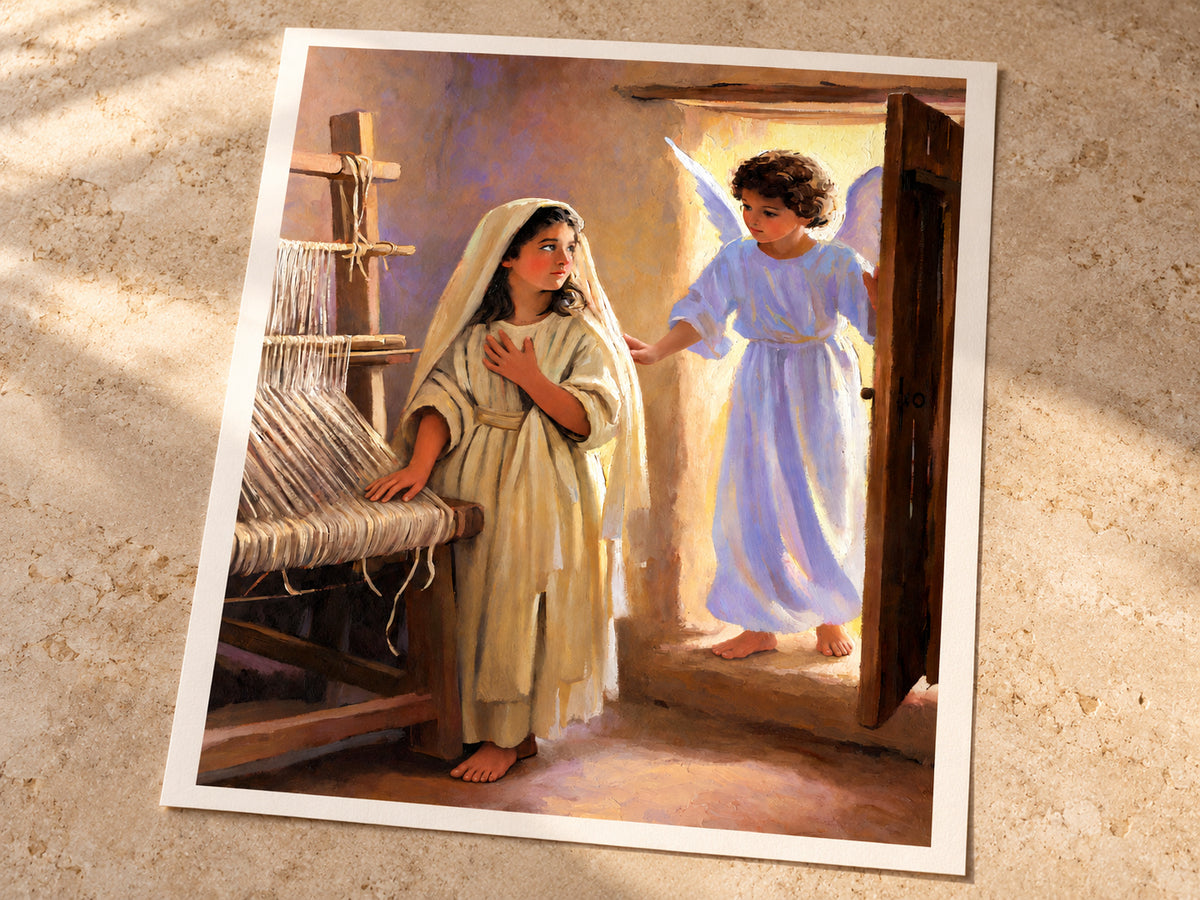 The Annunciation paper artwork shown in a paper warm white half inch margin setting.