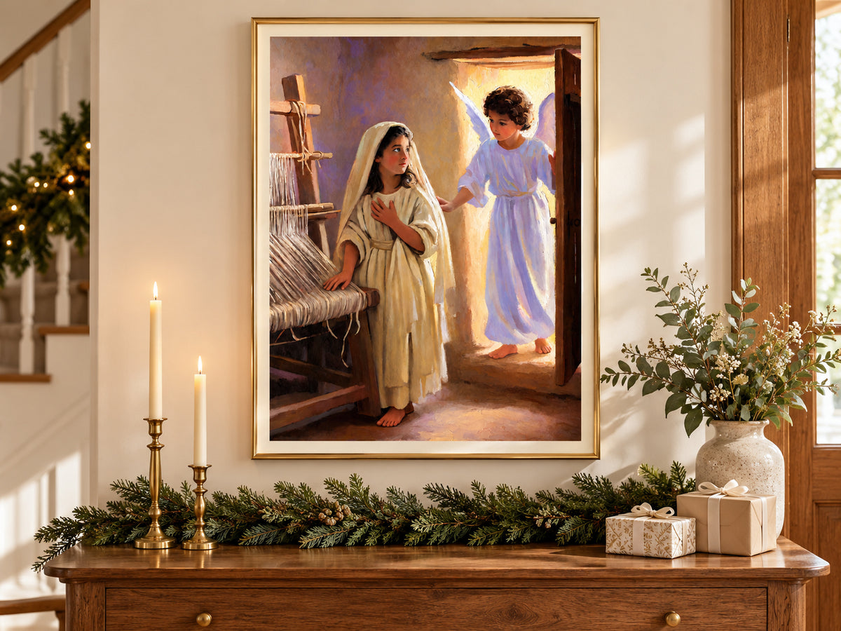 The Annunciation paper artwork shown in a paper christmas evergreen entry setting.