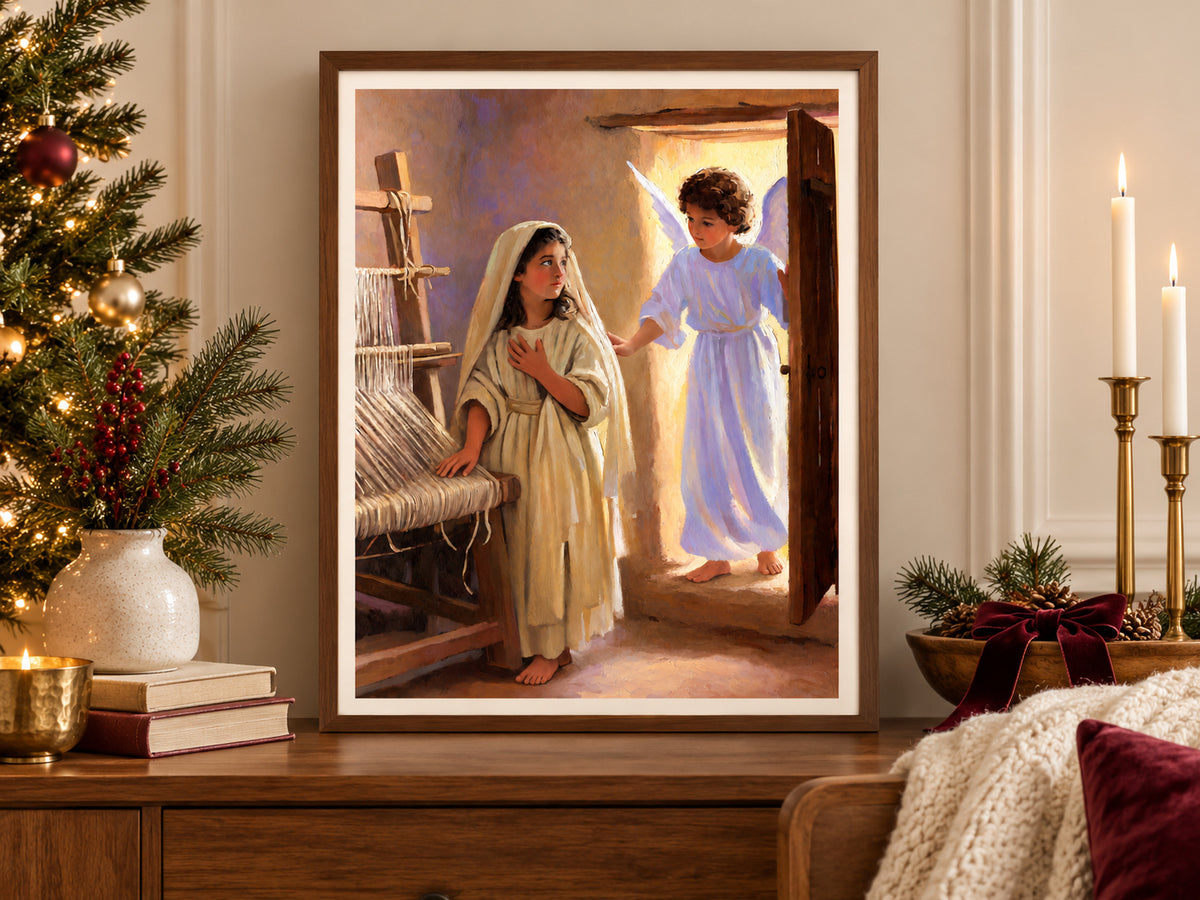 The Annunciation paper artwork shown in a paper christmas cozy nook setting.