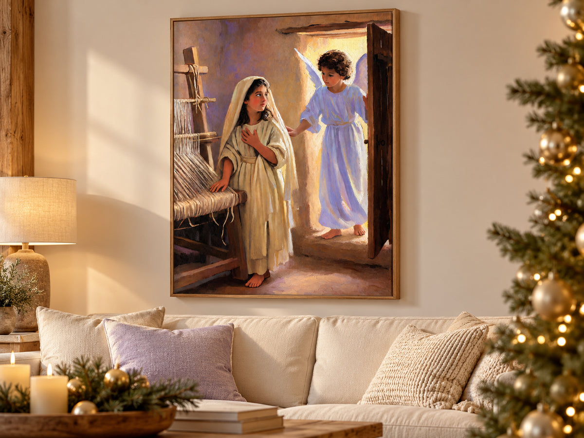 The Annunciation canvas artwork shown in a canvas christmas family room setting.