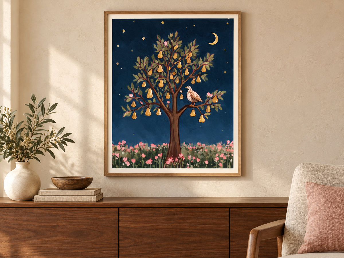 Partridge in a Pear Tree paper artwork shown in a paper oak living room setting.
