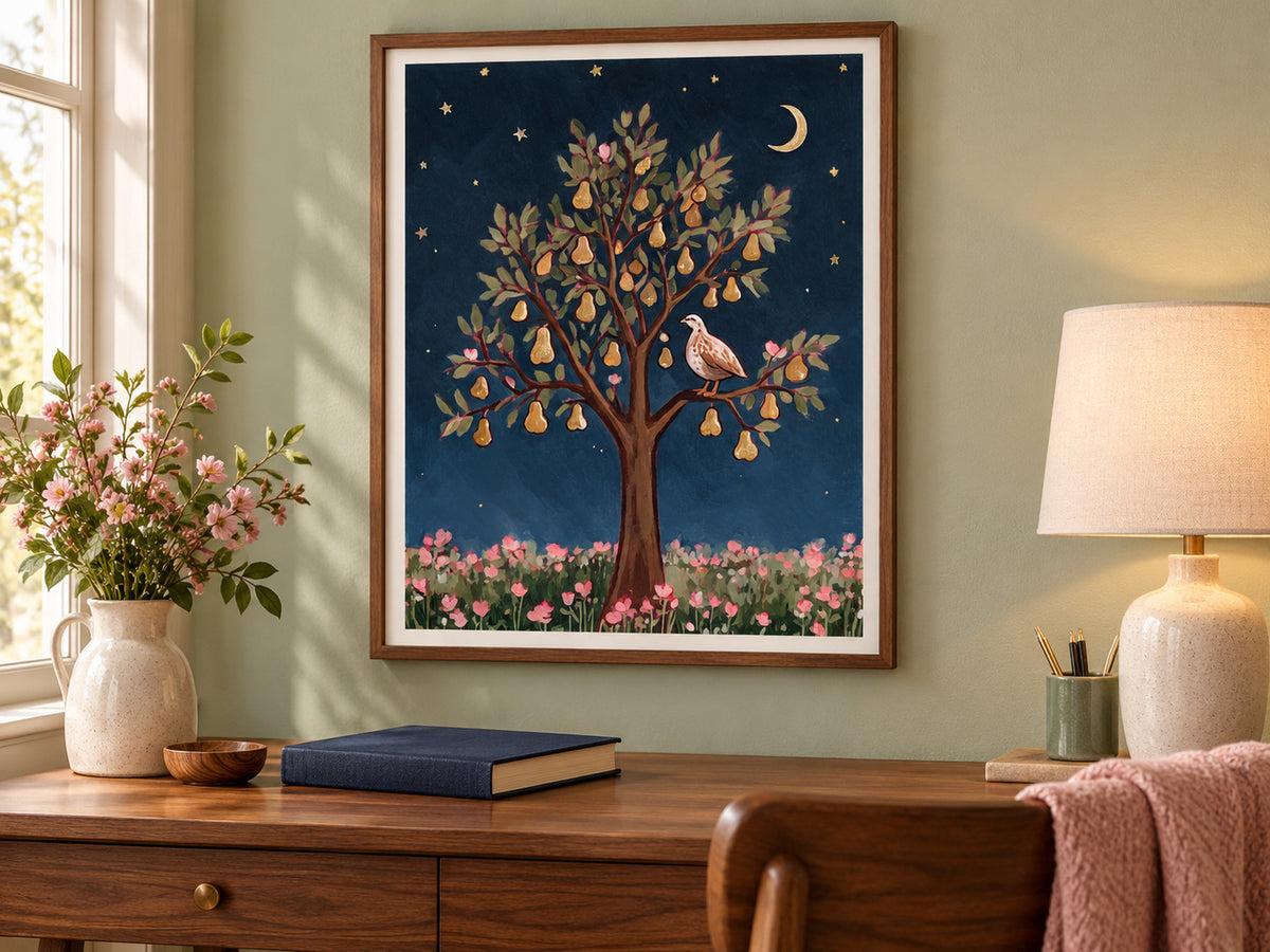 Partridge in a Pear Tree paper artwork shown in a paper walnut reading corner setting.