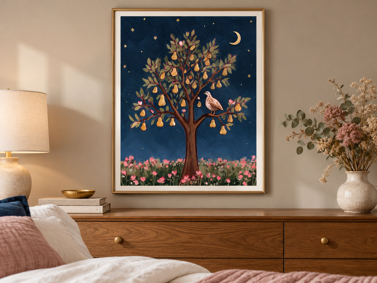 Partridge in a Pear Tree paper artwork shown in a paper gold bedroom setting.